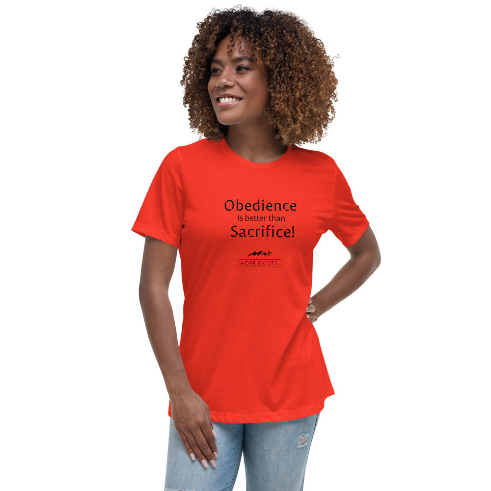 Women's Relaxed T-Shirt “Obedience is Better Than Sacrifice” (Black Text)